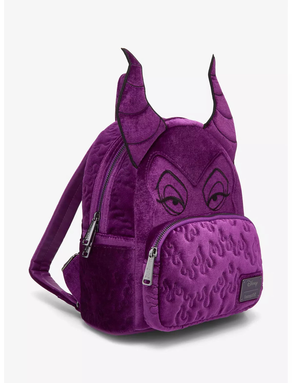 Mini sac à dos Loungefly Maléfique velours violet BoxLunch Exclusive Import USA Disney, vue de face