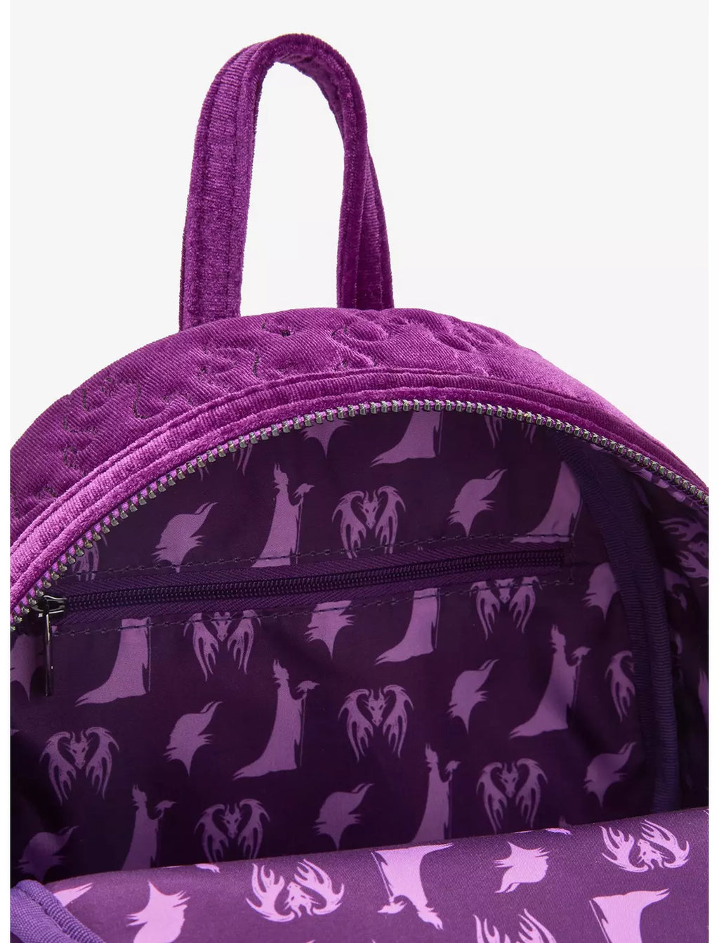 Mini sac à dos Loungefly Maléfique velours violet BoxLunch Exclusive Import USA Disney, vue de face