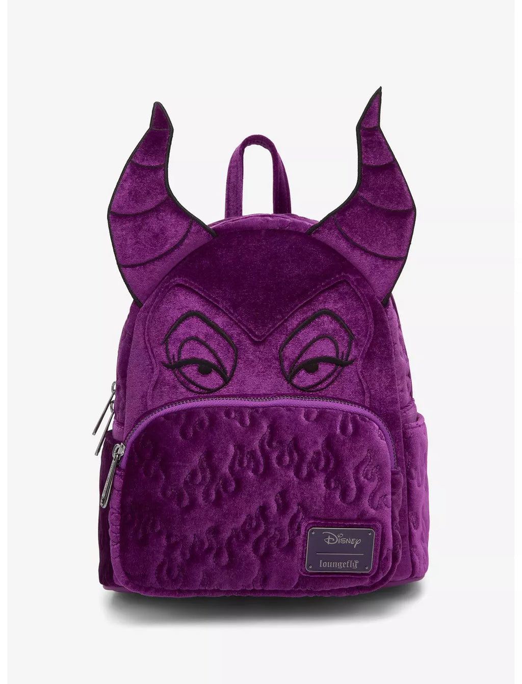 Mini sac à dos Loungefly Maléfique velours violet BoxLunch Exclusive Import USA Disney, vue de face