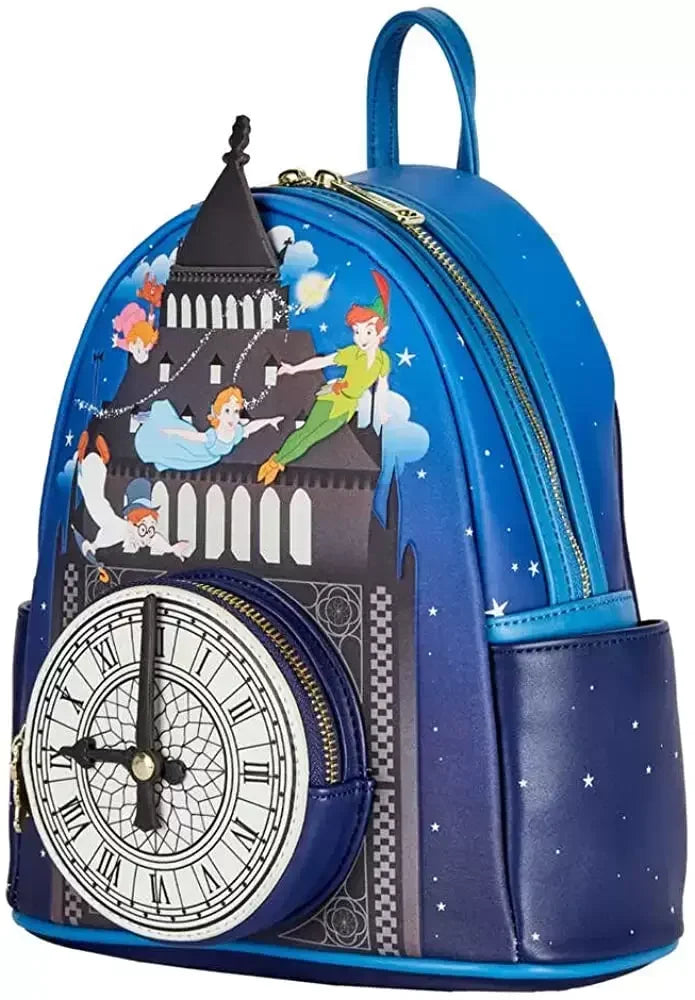 Sac à dos Loungefly Disney Peter Pan Glow Clock, détail broderie et fermeture éclair