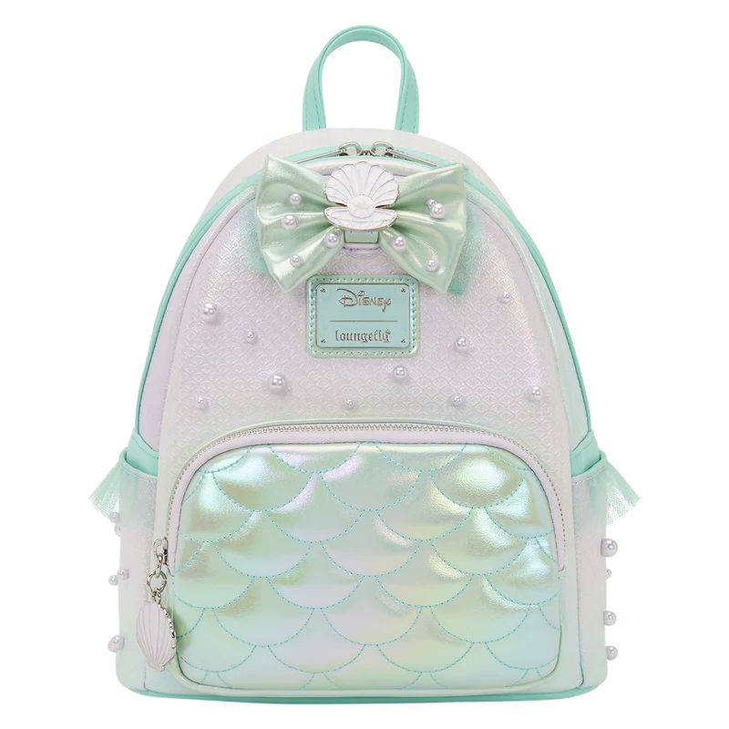 Mini sac à dos Loungefly Ariel Iridescent Pearl, vue de face, accessoire collector officiel Disney La Petite Sirène